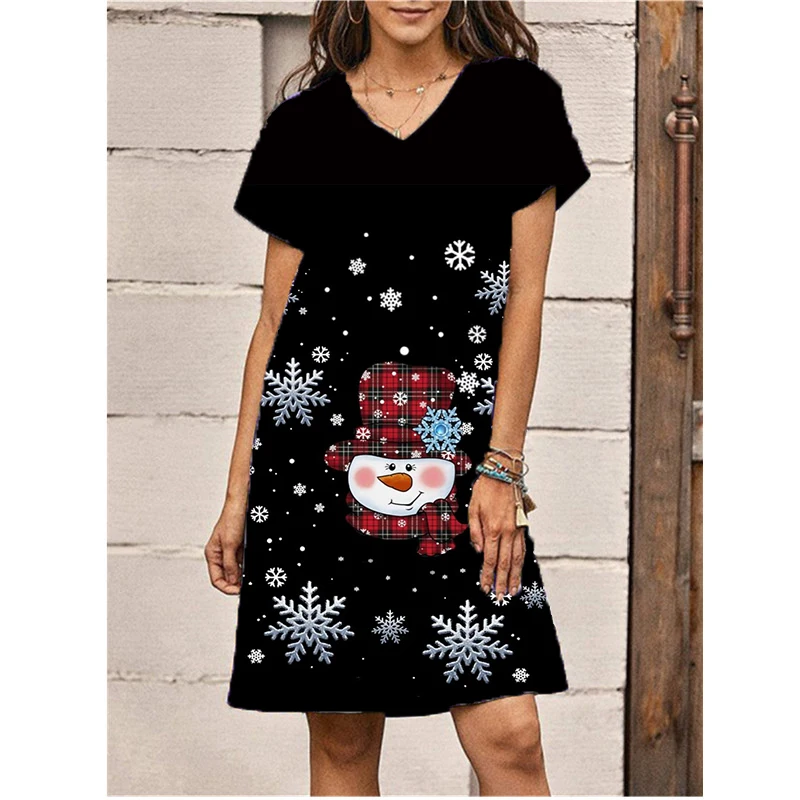 Christmas Party Print Women Dress 2024 New Summer Sexy V-neck Loose Mini Dress Streetwear Casual Snowflake Snowman Ladies Dress