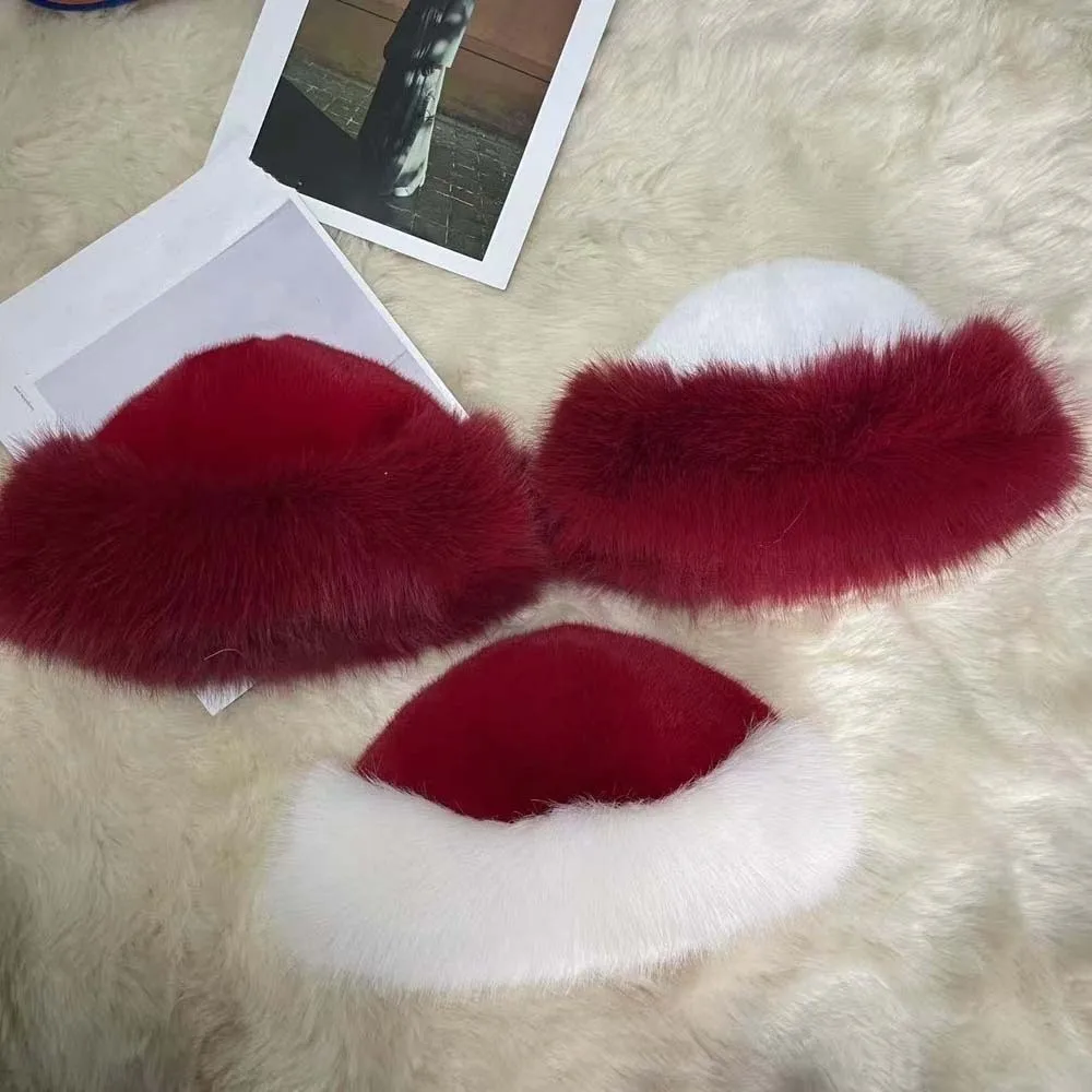 Warm Winter Beanie Faux Fur Christmas Fur Hat Thick Fleece Lined Fluffy Trapper Cap Thermal Round Top Bucket Hats Girls