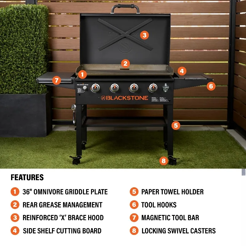 شواية بلاكستون الأصلية ذات 4 شعلات مقاس 36 بوصة من البروبان أومنيفور للاستخدام الخارجي مع غطاء محرك السيارة وأرفف جانبية قابلة للطي