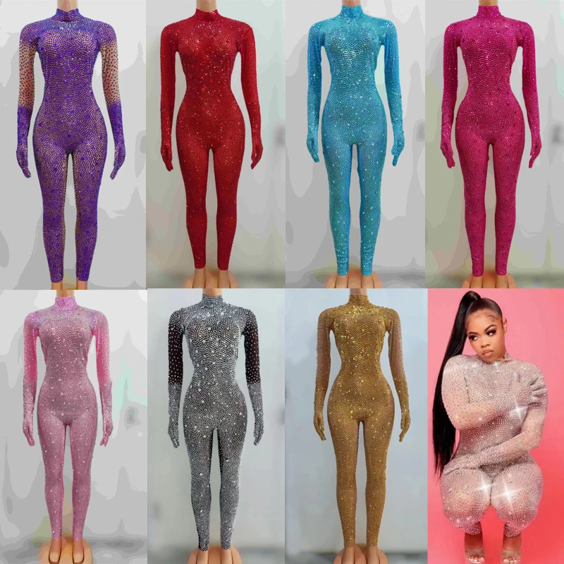 8 Colors Full Rhinestones Jumpsuit Gloves Women Birthday Celebrate Leotard Performance Rave Outfit Stage Gogo Costumes XS7426