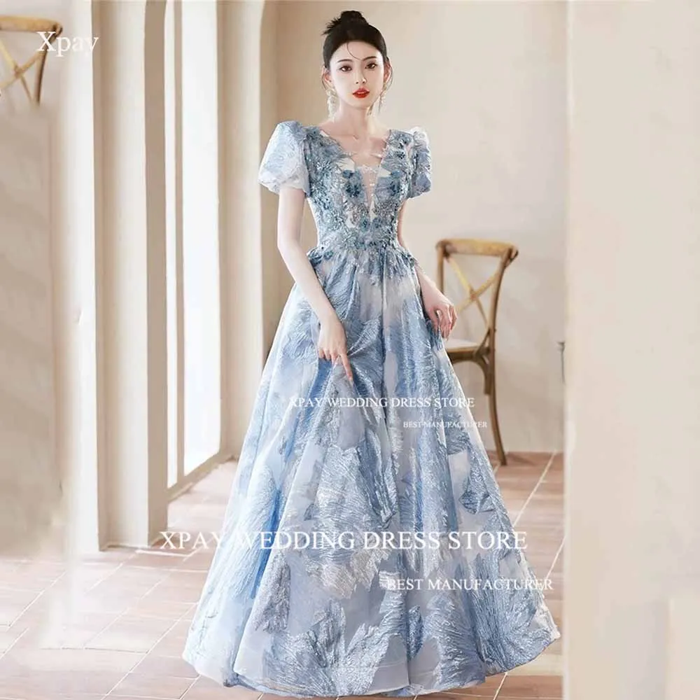 

XPAY Floral Lace Korea A Line Wedding Party Dresses Deep V Neck Short Sleeves Prom Gown Photo Shoot Birthday Evening Dress