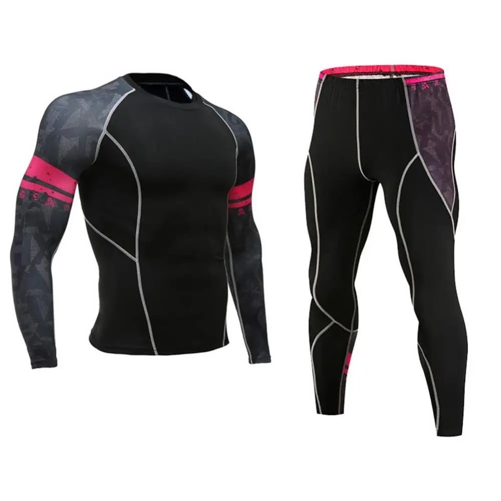 2Pcs/Set Men Printed Tracksuit Compression Shirt Pants Workout Rashguard Tights Summer Short-sleeved T-shirt + Trousers Jogging