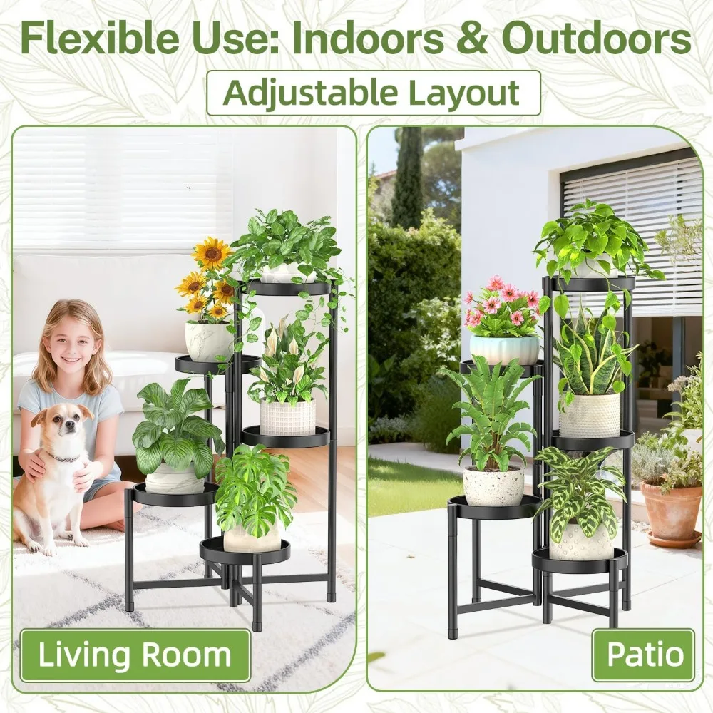 حامل نباتات معدني بزاوية 5 طبقات، رف قابل للطي قابل للتعديل للاستخدام الداخلي والخارجي، أسود #6