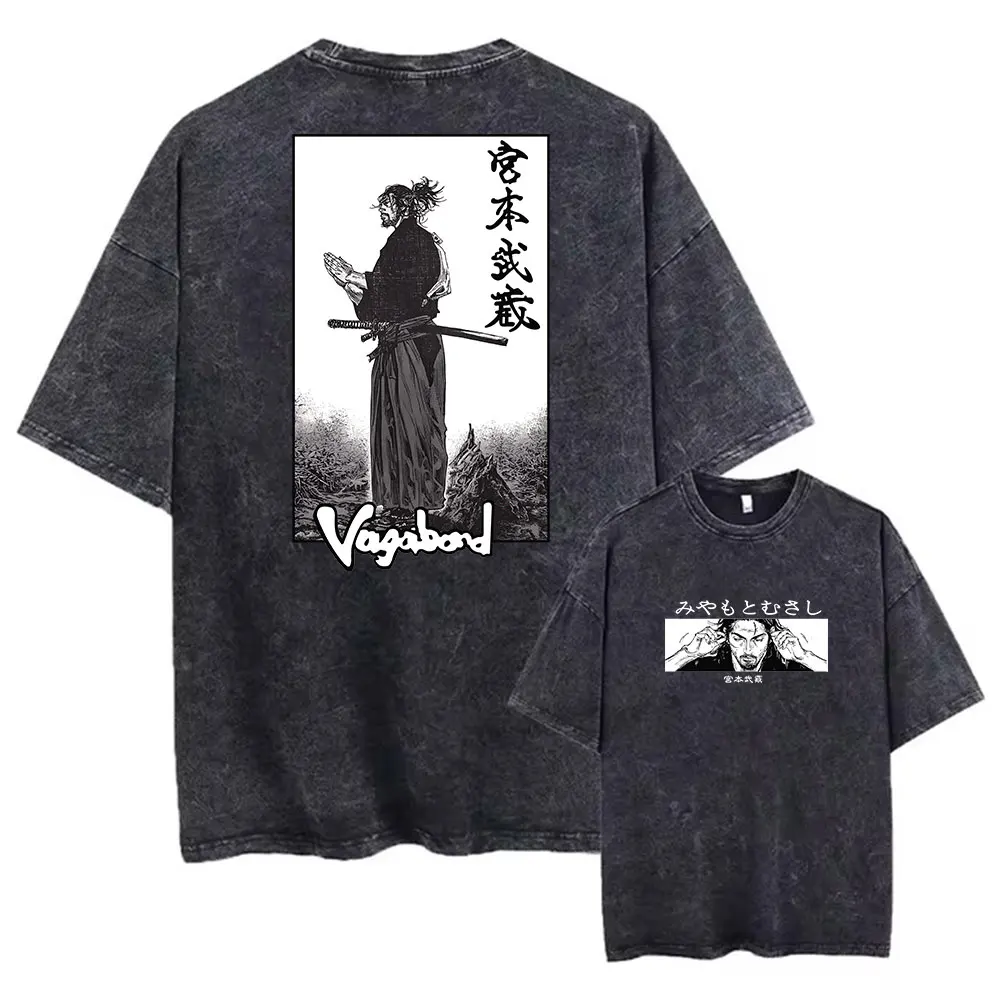 Men Streetwear Tshirt Anime Vagabond Graphic Print Vintage Harajuku Washed Black T Shirt Men Summer Casual Cotton Loose Top Tee