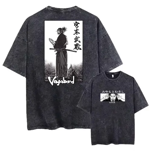 Imagen 2 del producto Camiseta de calle para hombre, camiseta negra lavada Harajuku Vintage con estampado gráfico de Vagabond de Anime, camiseta holgada informal de algodón para verano para hombre