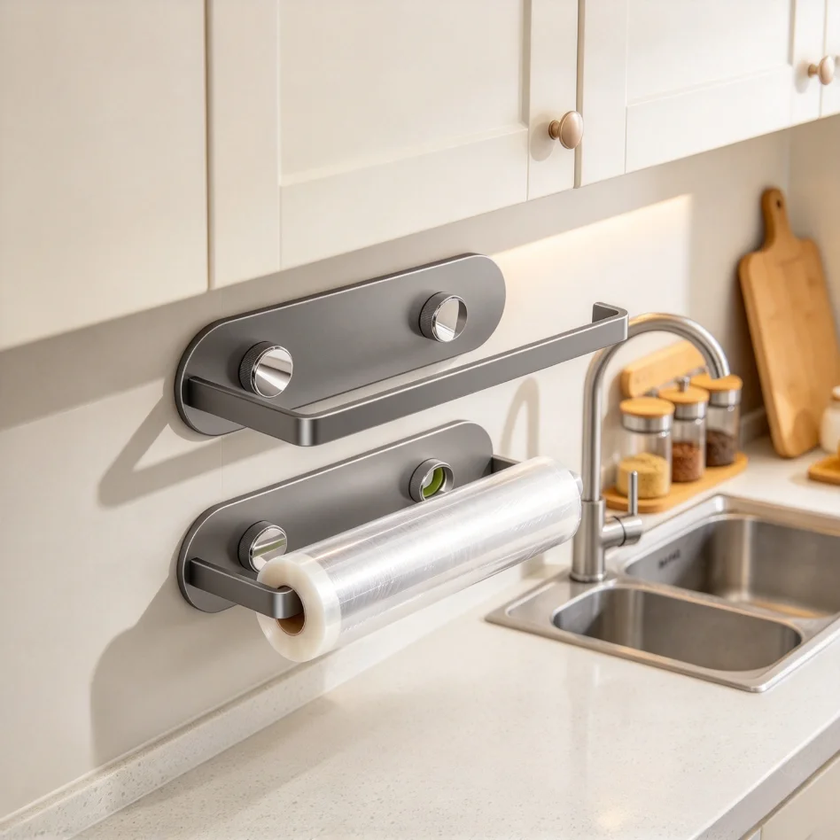 Removable Wall Mount Roll Paper Organizer, No Drill Suction Kitchen Paper Towel Holder