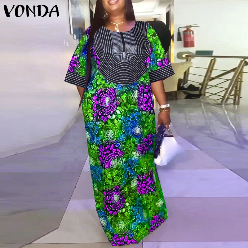 VONDA ชุดเดรสยาวผู้หญิง ดีไซน์หรูหรา แขนครึ่งตัว ลายดอกไม้ ชุดลำลองทรงหลวม สไตล์สตรีทแวร์ ชุดเดรสโอเวอร์ไซส์