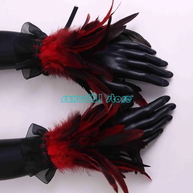 1xca Vintage Feathered Hand Hand Cuffs สำหรับผู้ใหญ่ unisex แขนกอธิคแขนเสื้อธีมปาร์ตี้ชุดข้อมือแขนข้อมือสวมหน้ากาก Armwear