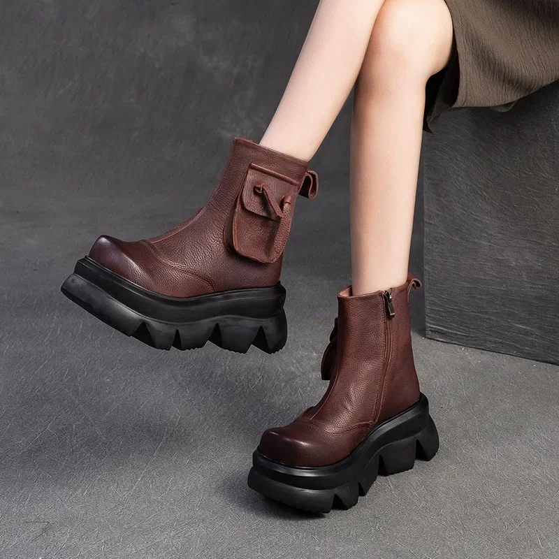 Krasovki 7cm Natural Genuine Leather Chimney Fashion Ankle Booties Women Moccasins Autumn Boots Motorcycle Ladies Spring Shoes image 5