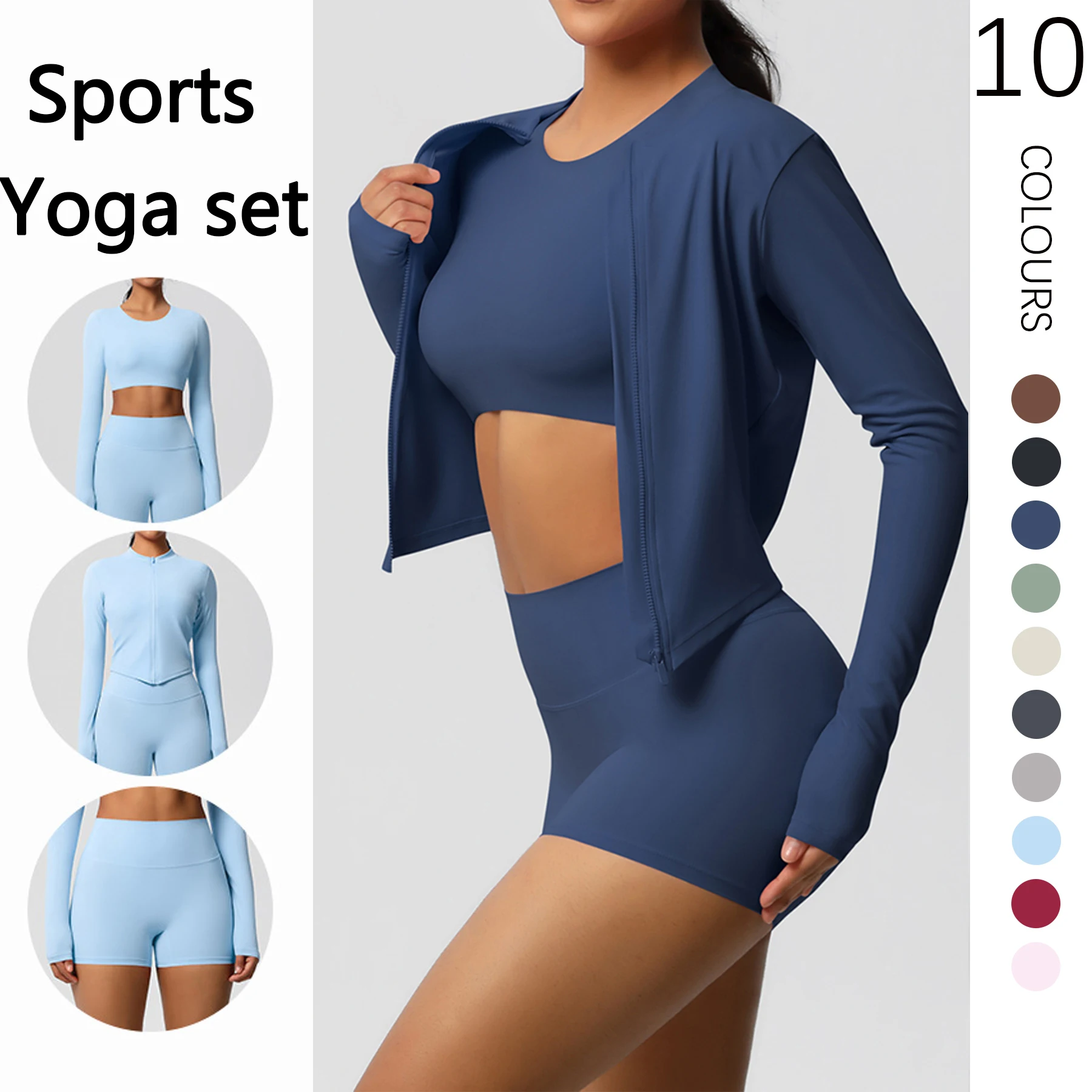 

Yoga Set Women Gym Clothes Long Sleeved Zipper Sportswear High Stretch Knitted Sports Shorts Workout Fitness Sports Yoga Clothes