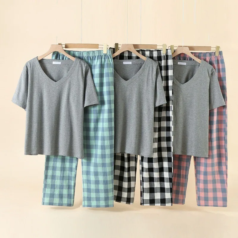 

Summer Female Casual Plaid Pajama Sets Women 100% Cotton Sleepwear Suit Women Short Sleeve V-neck Collar Plus Size Home Clothes