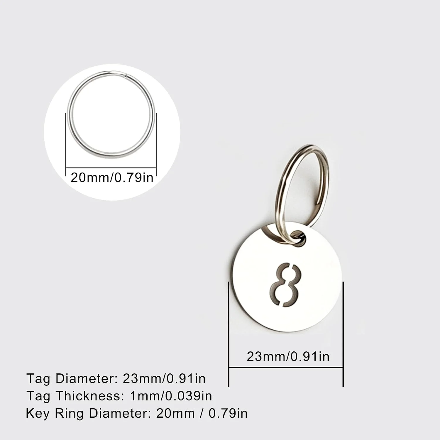 10pcs Round Stainless Steel Number Tags 1-100 with 304 Stainless Steel Split Rings, Metal Labels for Key Management