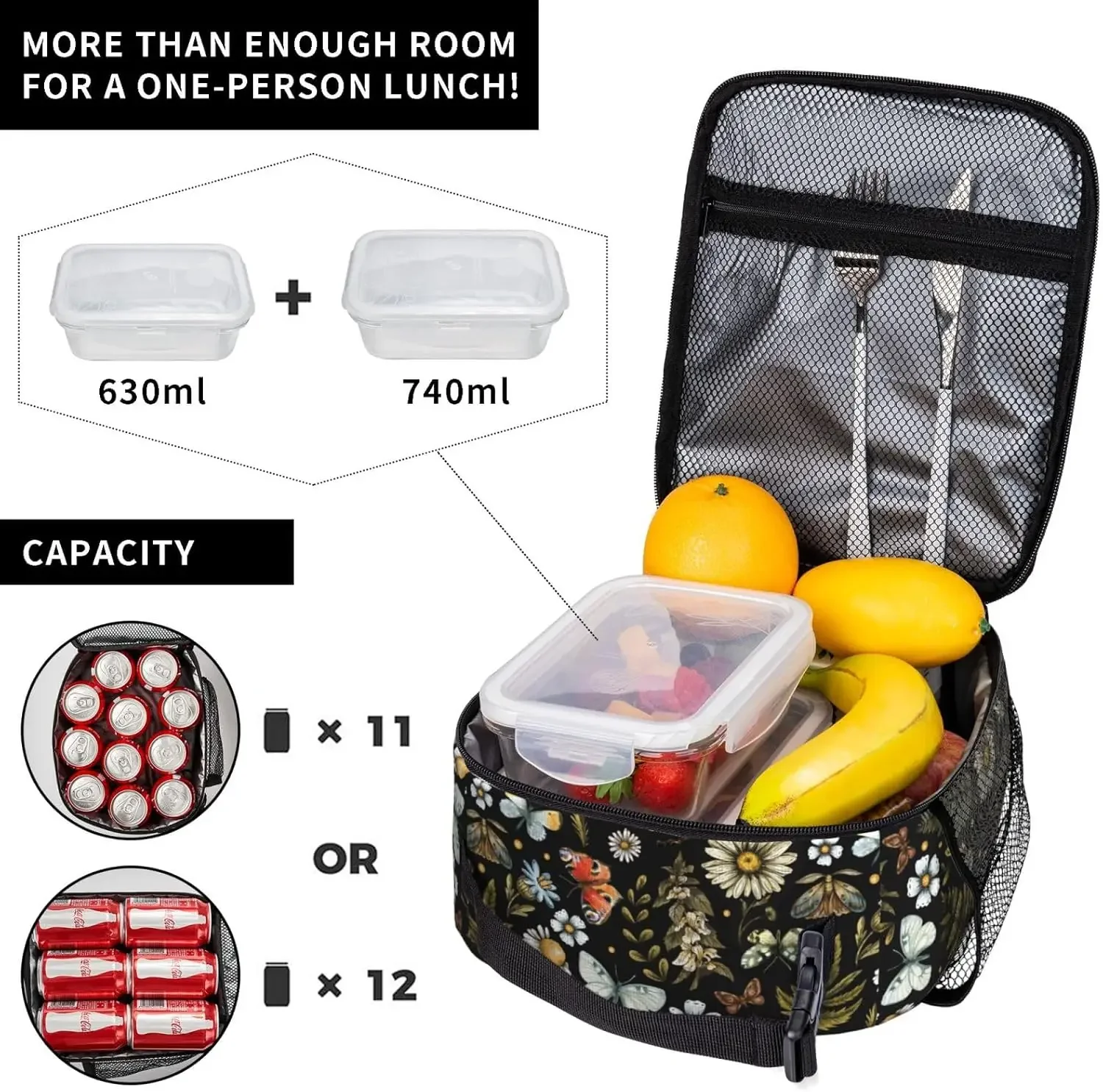 Forest Flower Leakproof Lunch Bag Large Capacity Lunchbox Insulated Reusable Lunch Tote Bags For Work/Office/Picnic/Travel