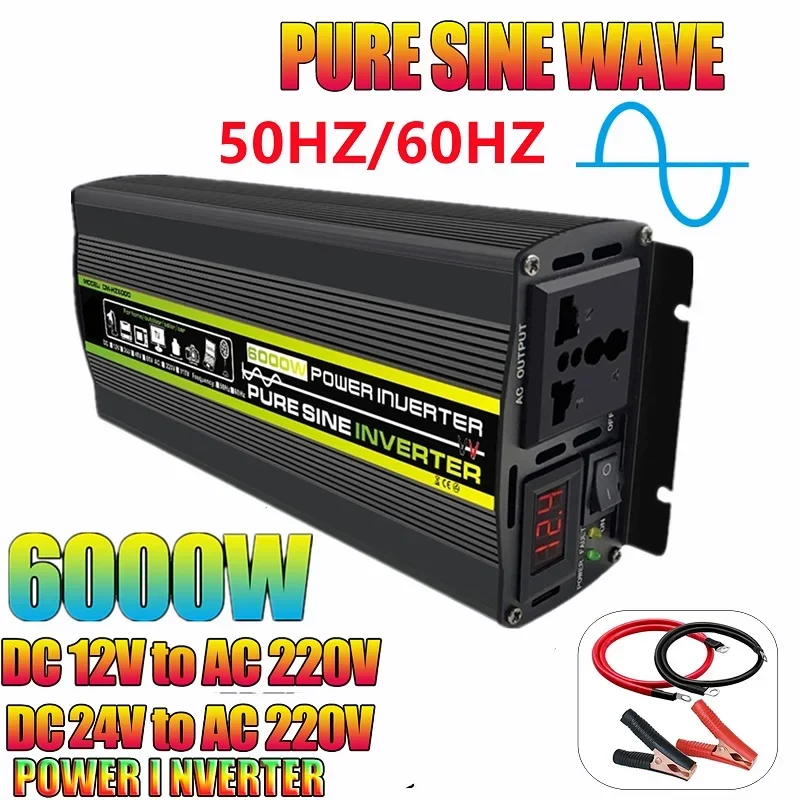 

50/60Hz 6000W Pure Sine Wave Power Inverter Voltage Transformer Intelligent Digital Car Home Outdoor DC12/24V to 220V Converter