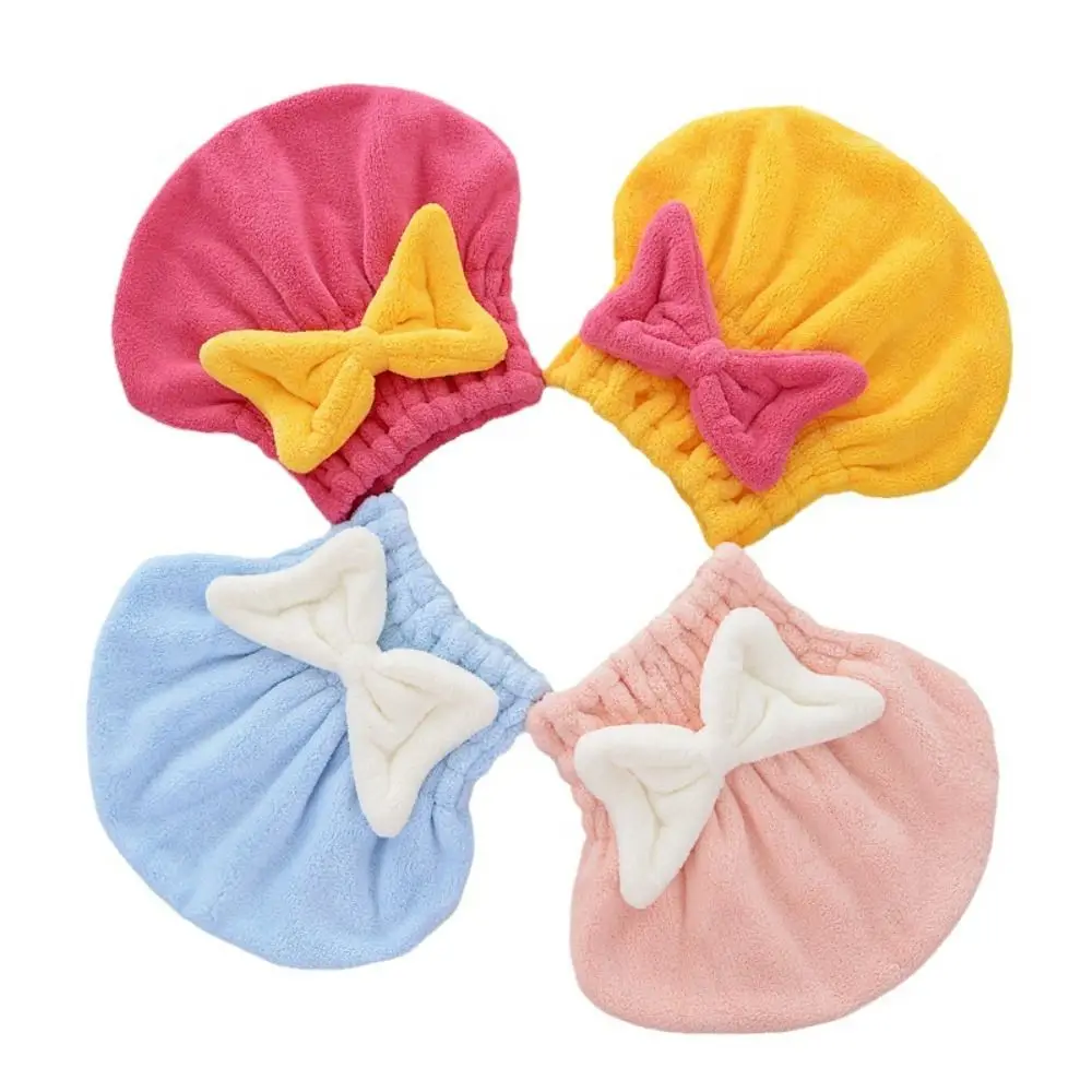 Bowknot Solid Color Dry Hair Hat Absorbent Thick Dry Hair Towel Bathroom Coral Velvet Bath Towels Women