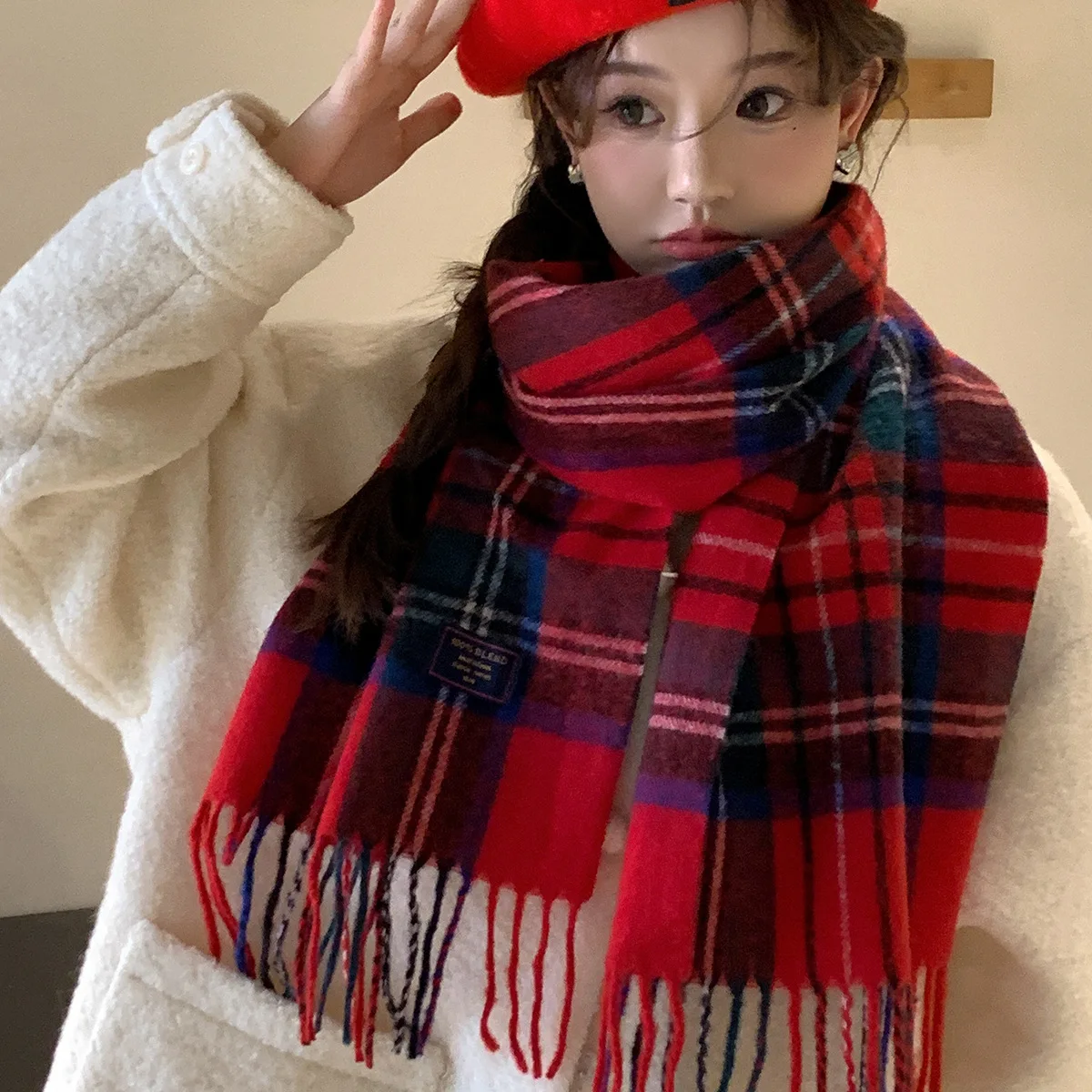 2024 Red Classic Plaid Women Scarf Imitation Cashmere Shawl Winter Thick Warm Neckerchief Foulard Echarpe Wrap Designer Lady