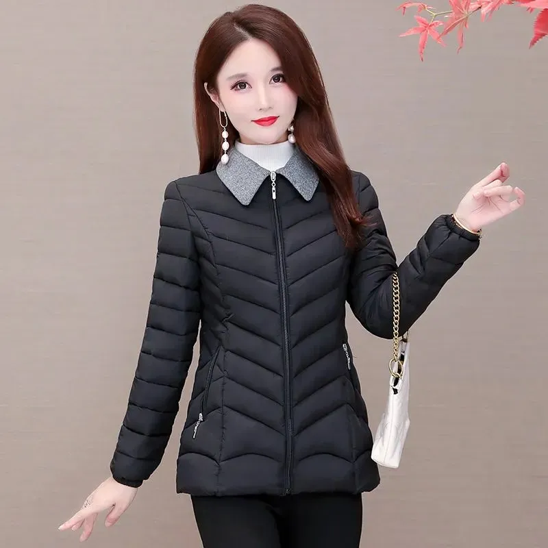 Cotton Clothes 2022 New Winter Short Jackets Fashion Spliced Turndown Collar Coats Long Sleeve Zipper Warm Women Casual Parkas