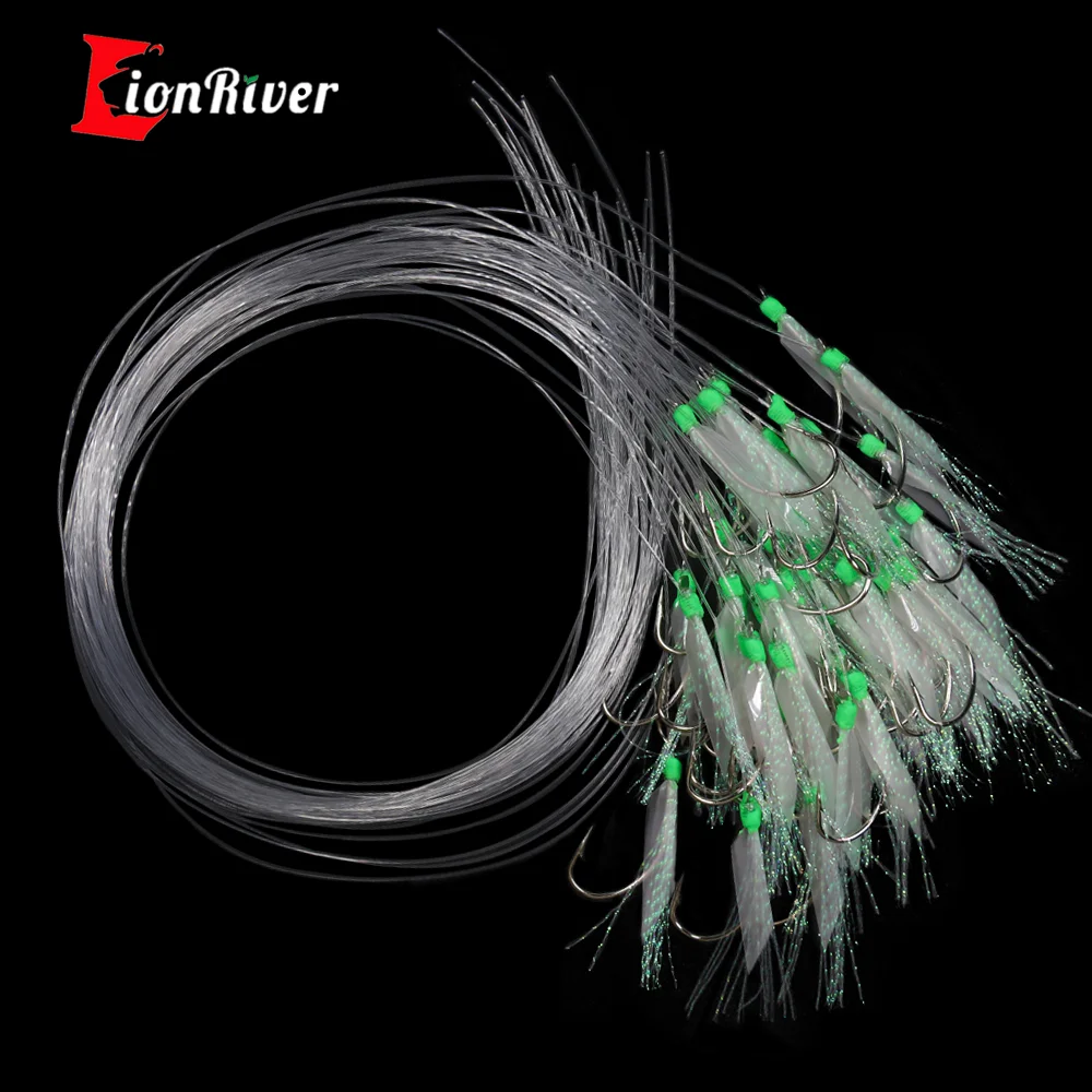 Lionriver Sabiki Soft Fishing Lure Rigs Bait  Flash Fish Skin Lure Crystal Tinsel Barbed Luminous String Hooks Saltwater Fishing