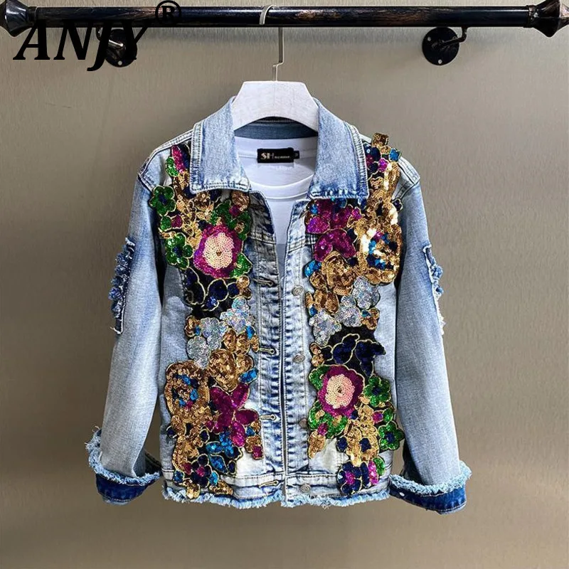 

ANJY Autumn New Women Trendy Jacket Heavy Craft Sequins Burr Distressed Denim Single Breasted Vintage Elegant Stylish Coat A9856