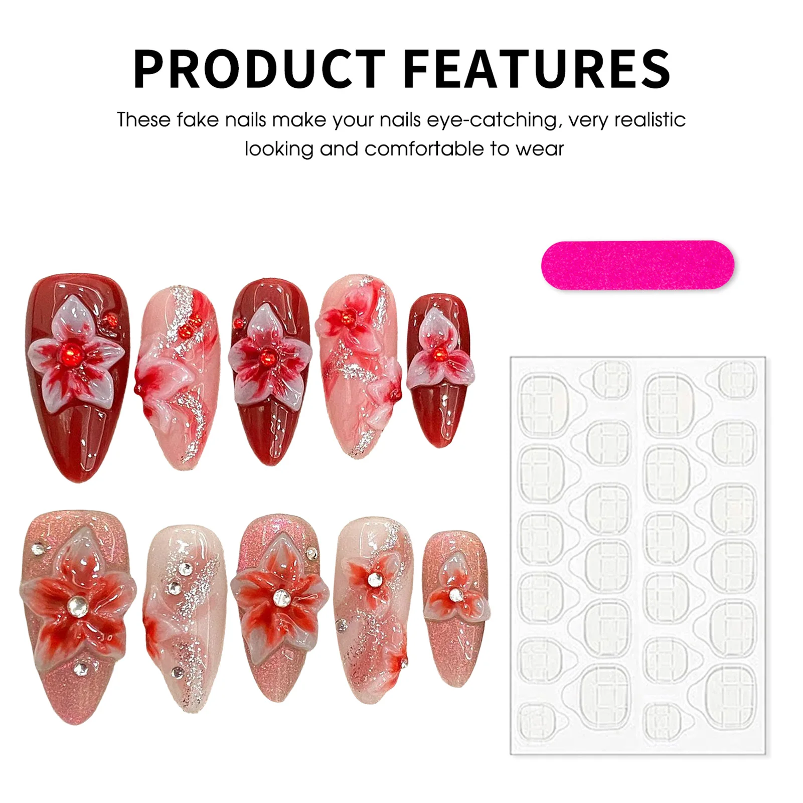 10pcs Handmade Press On Nails Gradient Rose Pink Hand Carved Flower Fake Nails Shiny Sequins Diamond Decor Almond False Nail