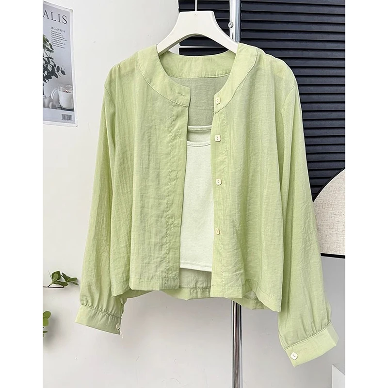 قميص نسائي أنيق بياقة مستديرة وأكمام طويلة، ملابس خارجية للحماية من الشمس، تصميم مريح، صيف 2025، أسلوب كوري عصري