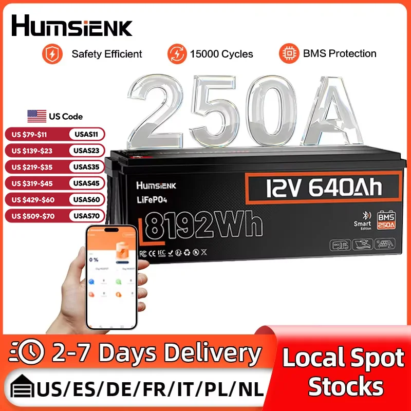 

Humsienk 12 В 600 Ач (640 Ач) LiFePO4 Батарея 250 А BMS 15000 циклов Литиевая аккумуляторная батарея для автофургонов/яхт/кемперов/компьютеров энергии