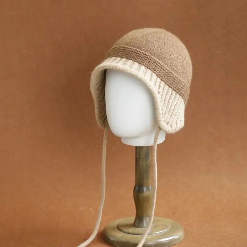 2026 Neue Y2K Herbst-Winter Warme Wollmütze für Damen, Modische Vintage Farbblock-Strickmütze mit Ohrenschutz, Vielseitige Faltbare Kappe – Detail 12