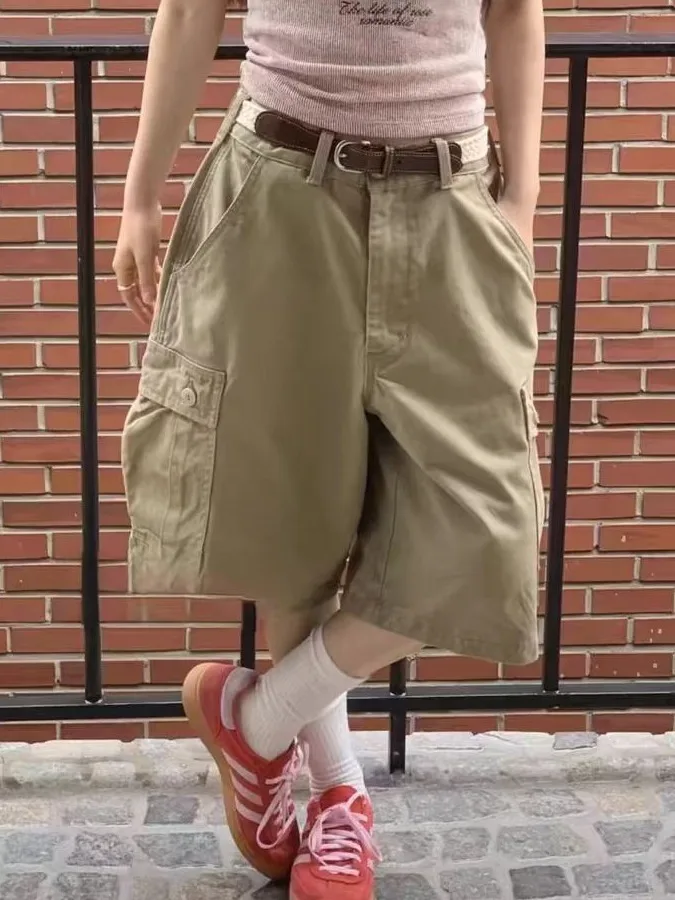 

Женские повседневные брюки с высокой талией в уличном стиле, американские ретро-брюки-карго свободного кроя, универсальные, средней длины
