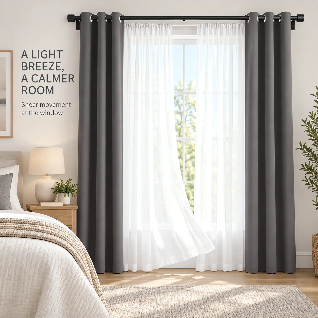 Dark gray and white layered curtain set, including black tubular sliding rail panel and circular buckle, suitable for bedrooms and living rooms. The set includes a dark gray sunshade outer layer, white translucent inner layer curtain, and black retractabl