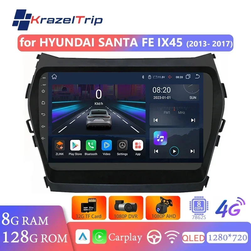 

9" 8Core Carplay Android Auto Car Radio for Hyundai IX45 Santa Fe 2013 2014 2015 2016 2017 GPS Navi Stereo Bluetooth RDS QLED 4G