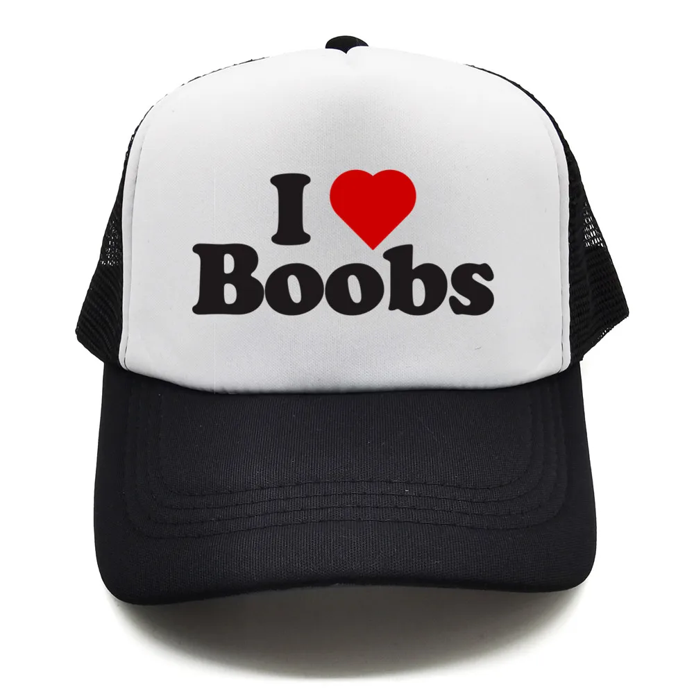 Funny I Love Heart Boobs Boobies Baseball Caps Summer Men Mesh Net Hat Joke Gifts Trucker Cap Outdoor Mesh Net Caps MZ-079