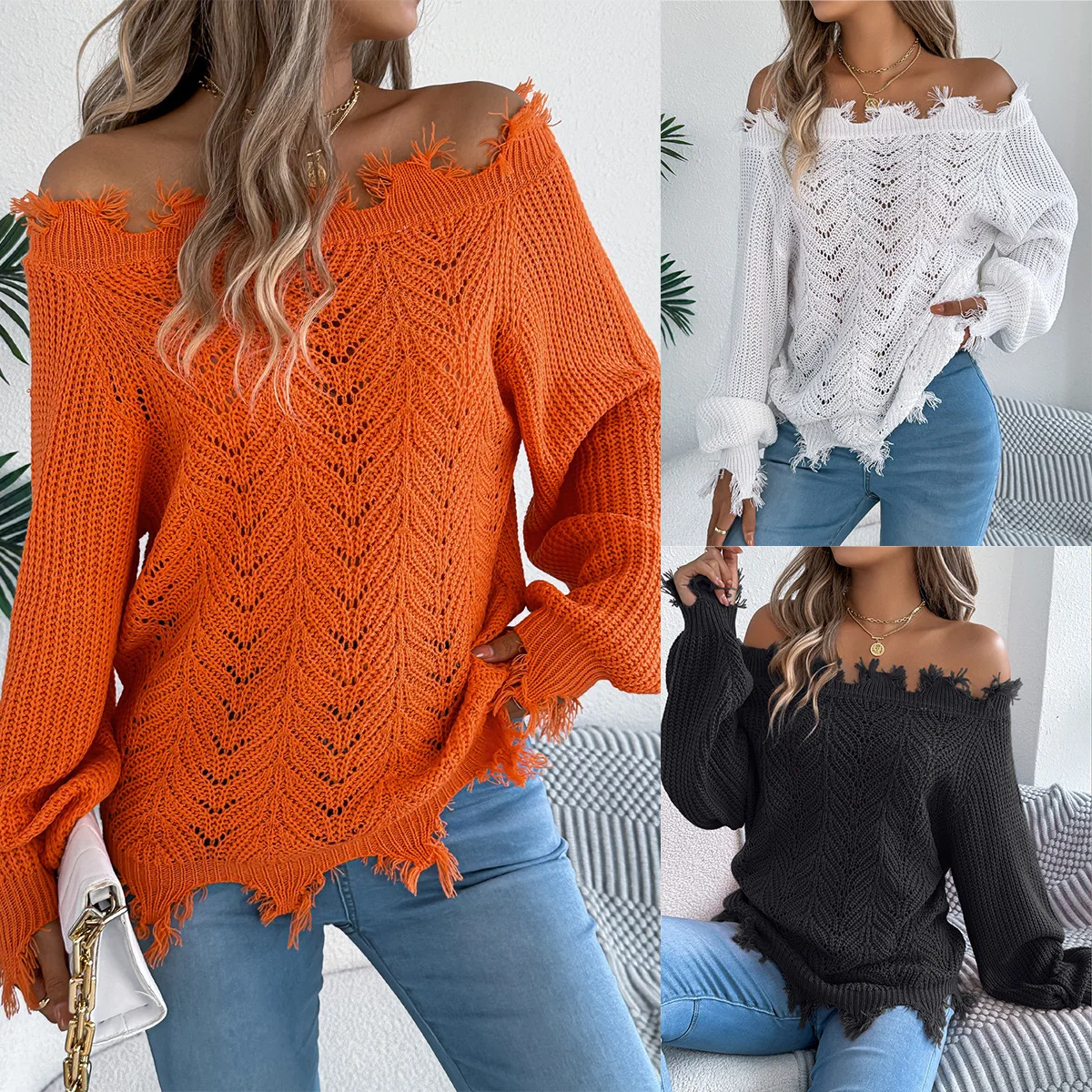 

Women Pullovers Sweaters Hollow Out Off Shoulder Jumpers Y2k Streetwear Elegant Splice Knit Solid Casual Autumn Winter 2025