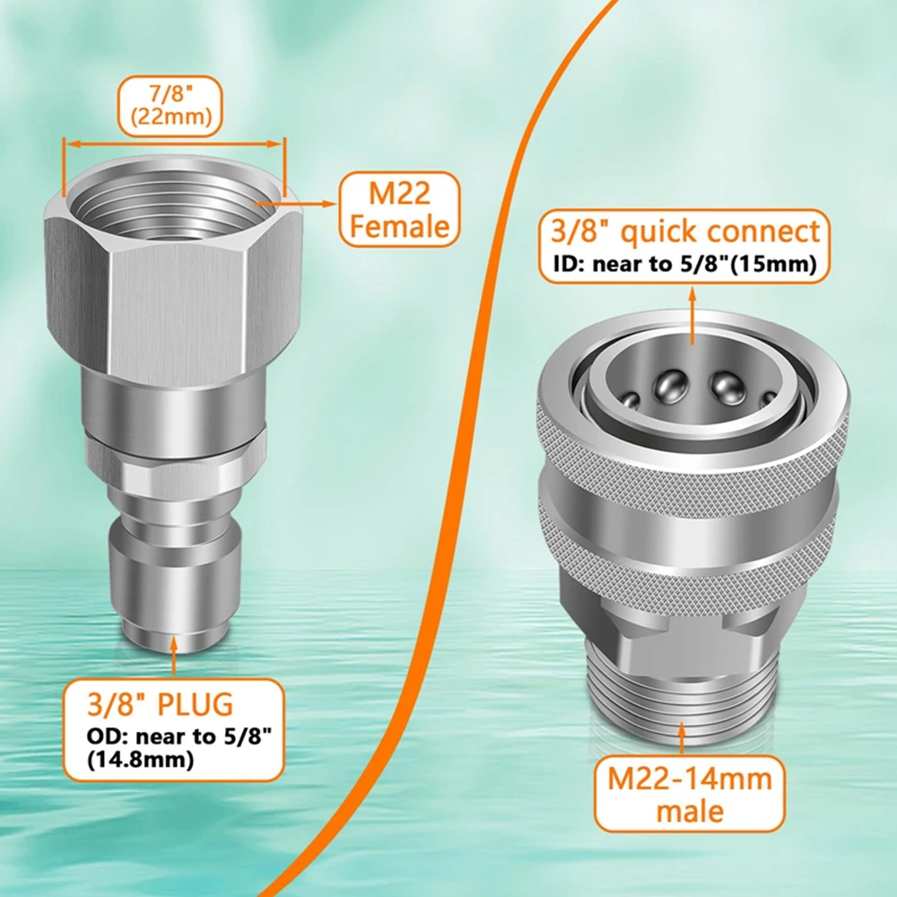 Pressure Washer Adapter 360°Swivel M22 14mm to 3/8 Quick Connect Stainless Steel Quick Disconnect for Power Washer Hose 5000 PSI