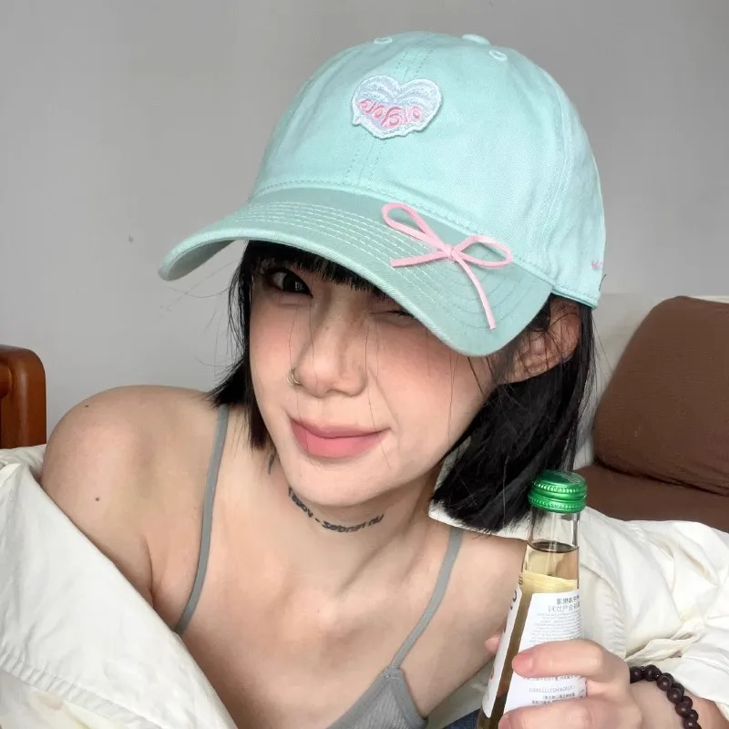 Summer Love Heart Embroidered Baseball Cap for Women Bowknot Soft Girl Fashionable All-match Outdoor Commuting Mint Green Hat