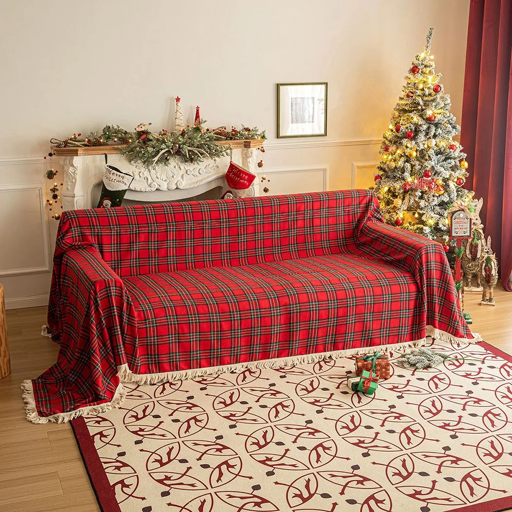 Christmas Plaid Sofa Towel Mat American Retro Multi-Purpose Blanket Non-Slip Living Room Bedroom Hotel Sofa Cover Cloth Towel