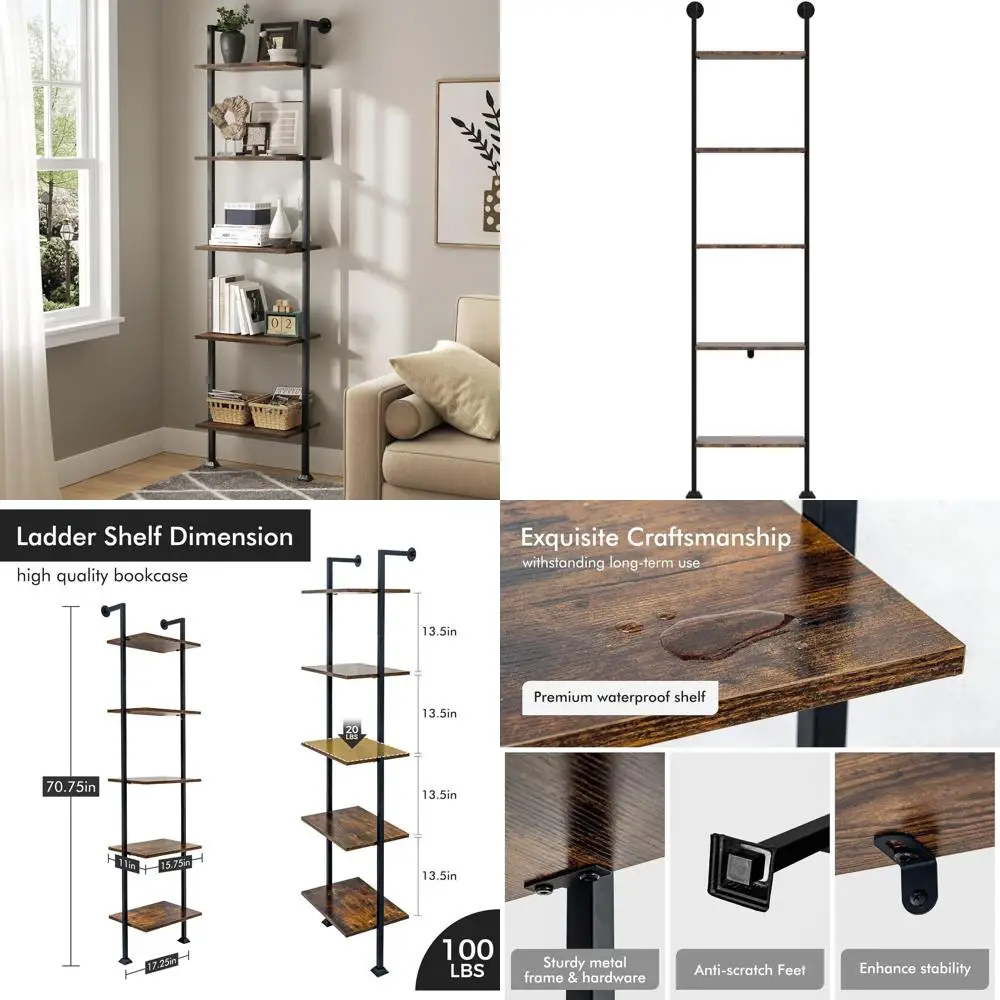 

Industrial Style 5-Shelf Tall Narrow Bookcase, Space-Saving Storage for Living Room, Home Office, and Study, Black Metal Frame w