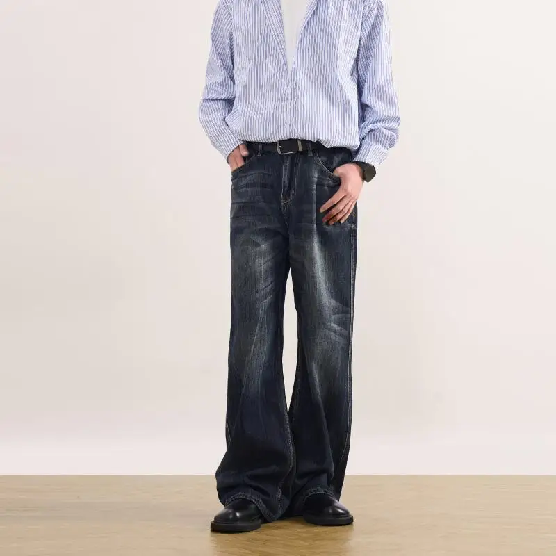 Men's Straight Micro Flared Jeans Retro Street Sweatpants Wide Leg Pants Y2k Male High Waist Vibe Trousers