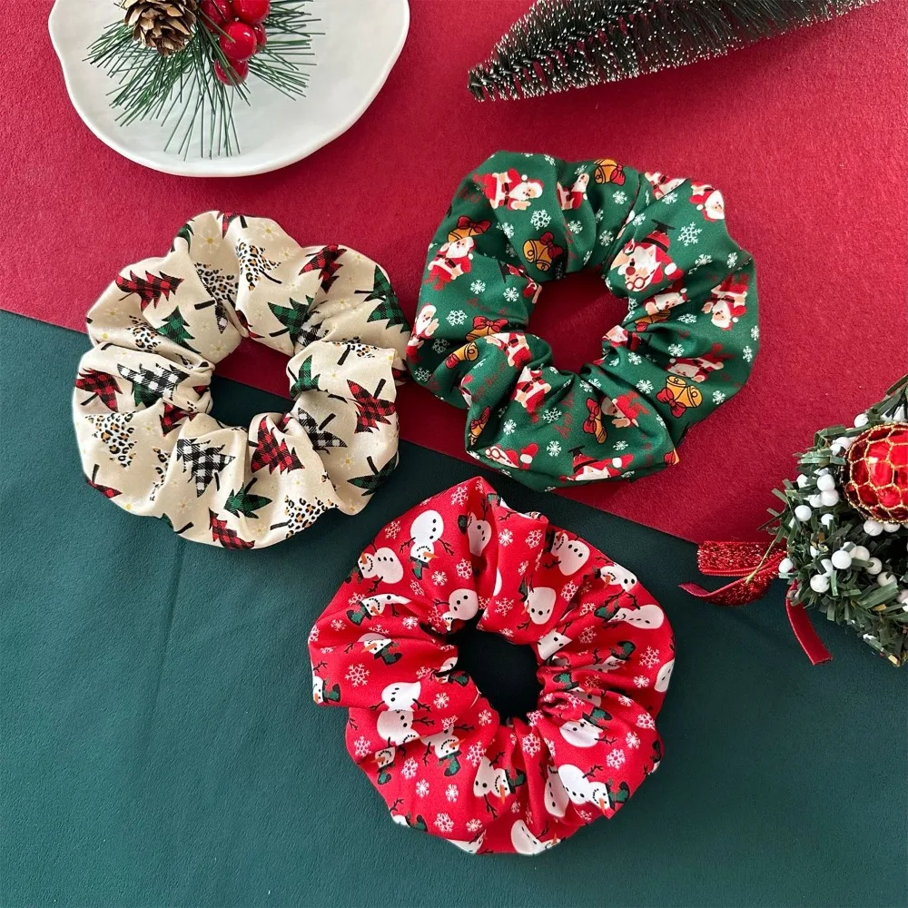 1Pc Fabric Christmas Scrunchies, Santa Snowman Tree Print Ponytail Ties for Women, Holiday Party Accessories No Damage