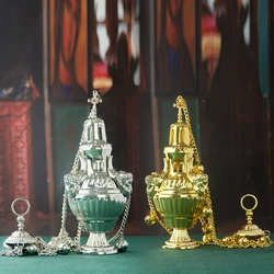 HTISOK Orthodox Church Censer Greek Hanging Incense Burner Gold Silver Plated Religious Censer With Bells Orthodox Censer
