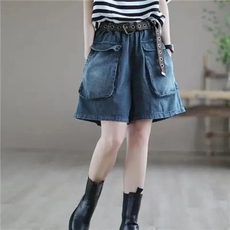 Vintage Harajuku Denim Shorts Summer Women Elastic High Waist Casual Chic Jeans Shorts Pockets Wide-legged Trousers Skirts New