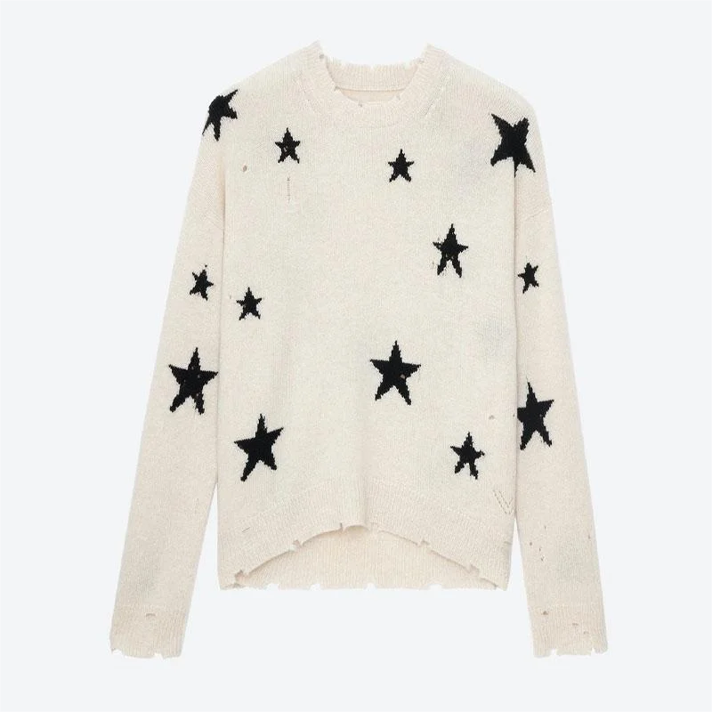 Zadig Stars Sweater Women Beige Cashmere Loose Sweaters Casual Long Sleeve Crew Neck Pullover Stylish Ripped Edges Jumpers Tops