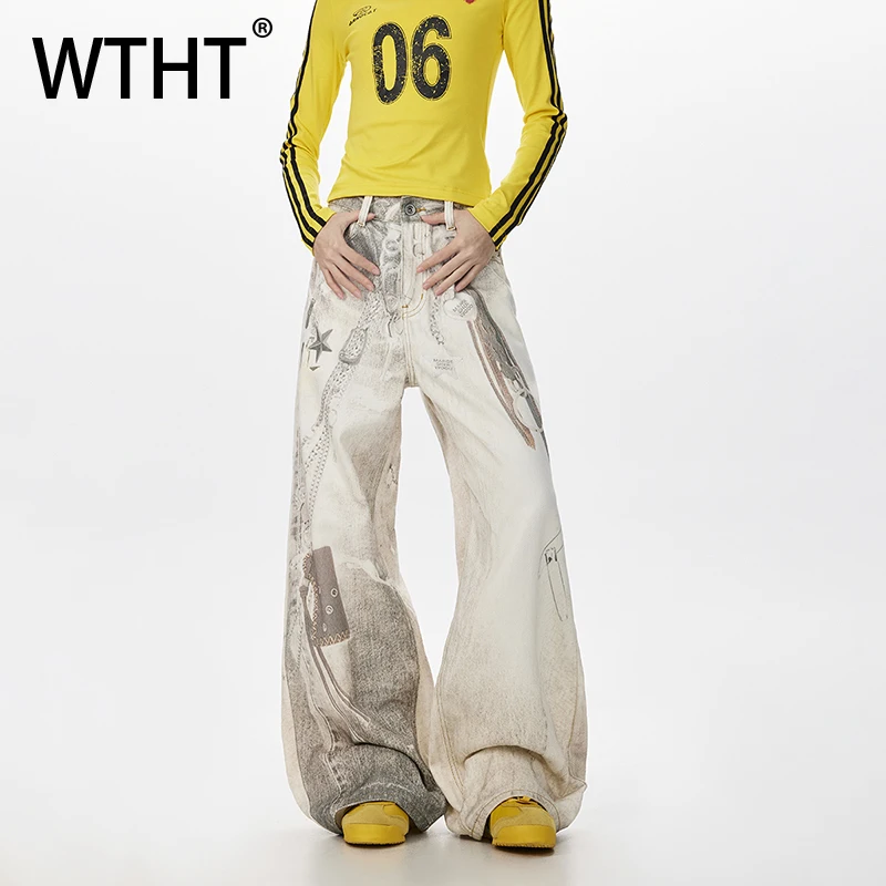 

WTHT Vintage 2025 Autumn Men's Print Do Old Design Denim Pants Fashion Casual High-waisted Wide Leg Loose Jeans Male 2A1515