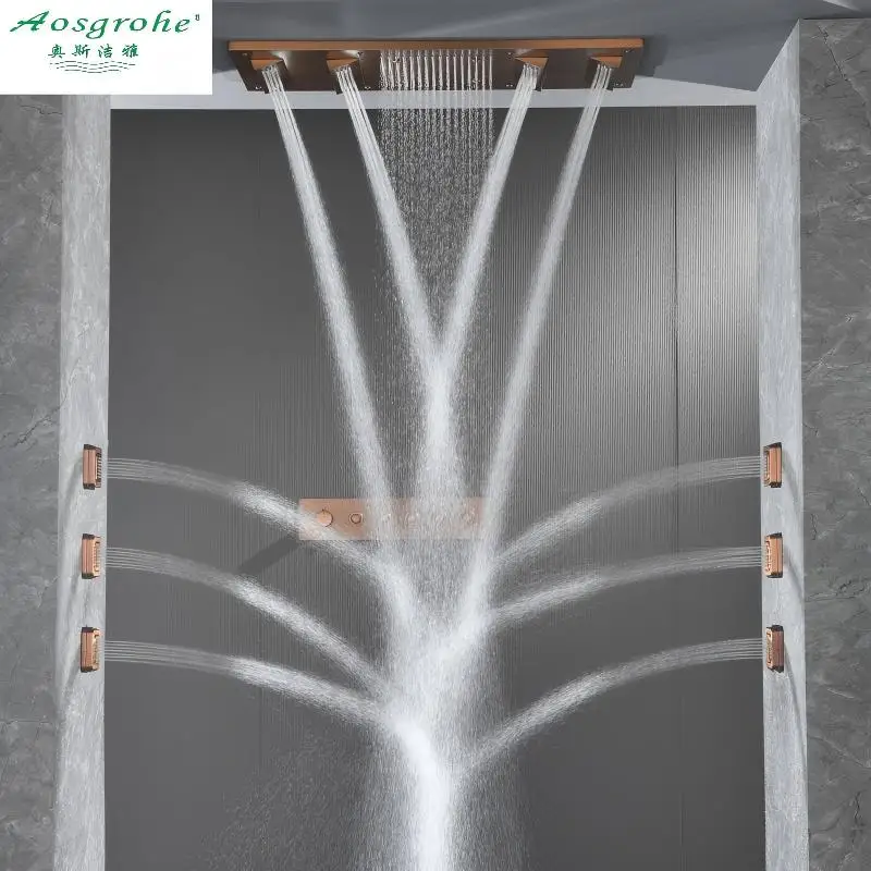 900x350mm 5-Function Dual Rainfall Brushed Rose Golden Ceiling Mounted Thermostatic Brass Shower System