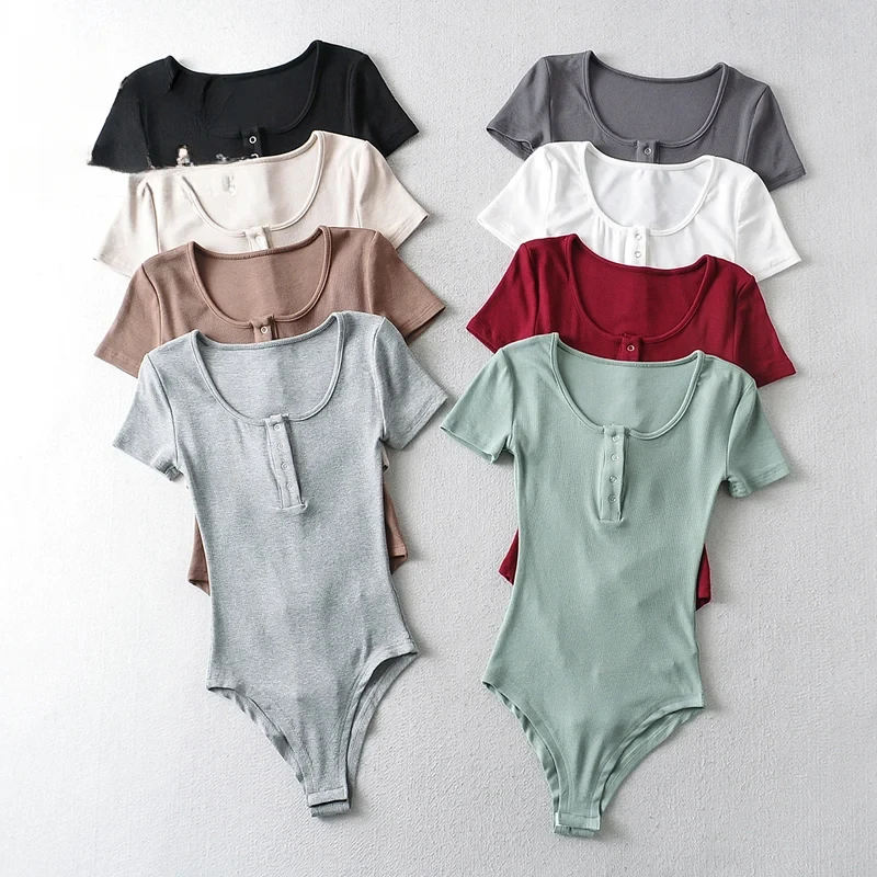 

Slim Thin Tops Solid Knit Short Sleeve Bottom Summer Bodysuits Women Summer Rompers