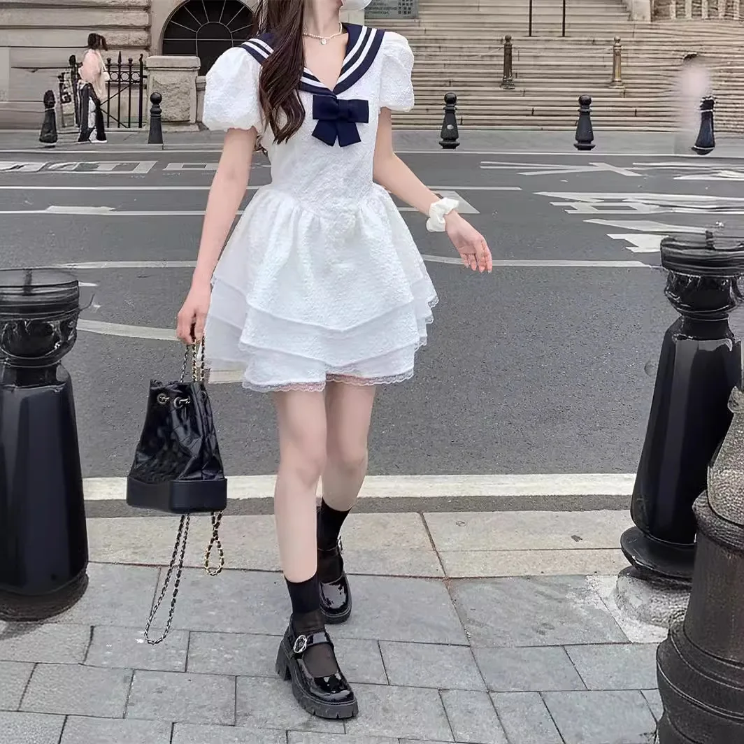 CGC Preppy Style Lolita White Dresses Navy Collar Kawaii Summer Japanese White Dresses Casual Short Sleeve Elegant Party Dress