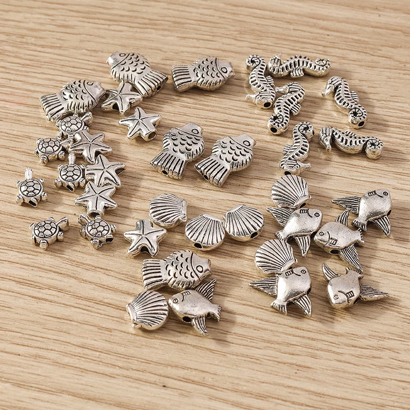 20pcs Cute Mermaid Life Charms Alloy Turtle Starfish Fish Shell Small Hole Loose Spacer Beads for Jewelry Making DIY Craft Gift