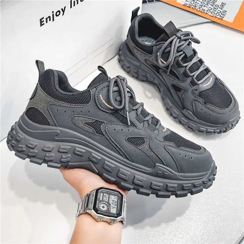 Men's Thick-soled Sports Shoes Mesh Stitching Round Toe Lace-up Thick-soled Wear-resistant Non-slip Shoes Fashion Daddy Shoes