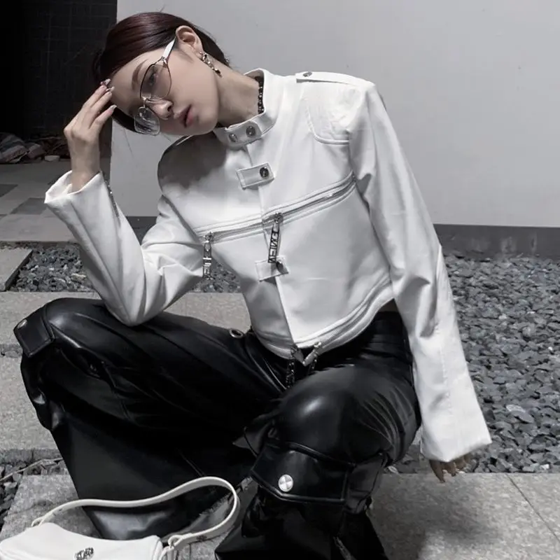 Vintage Multi-Zipper Design Spiderweb Leather Jacket for Women Spring Autumn PU Leather Coats Streetwear Cropped Top Long Sleeve