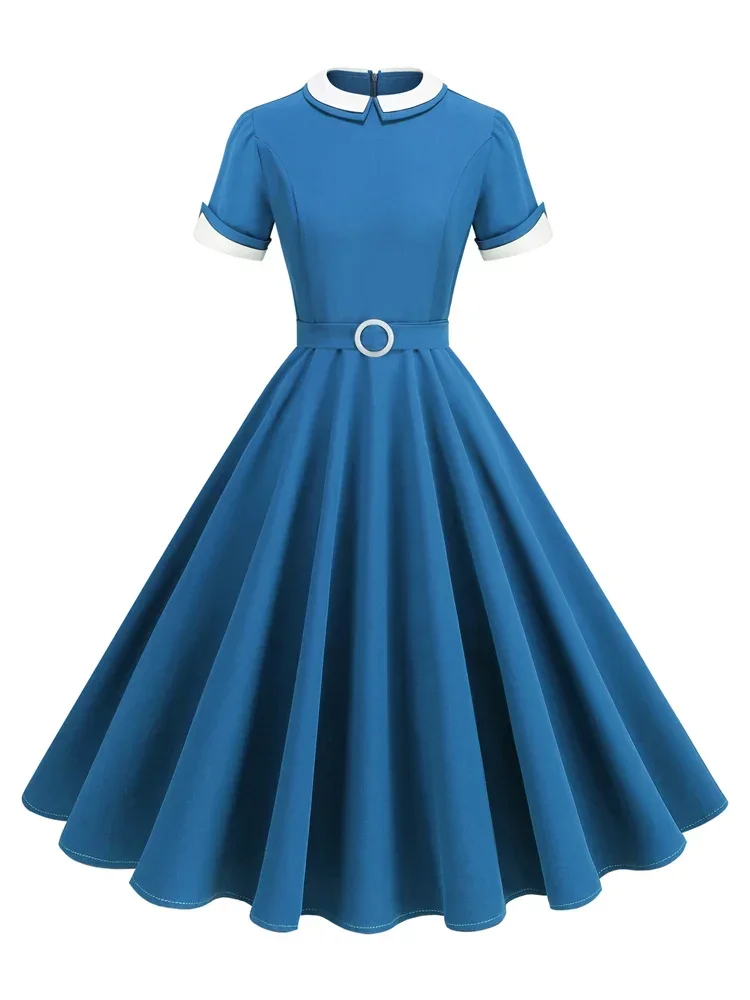 2025 Summer New Retro Peter Pan Collar Blue Elegant 1950s 60s Long Dresses Casual Women Short Sleeve Formal Vintage Swing Dress