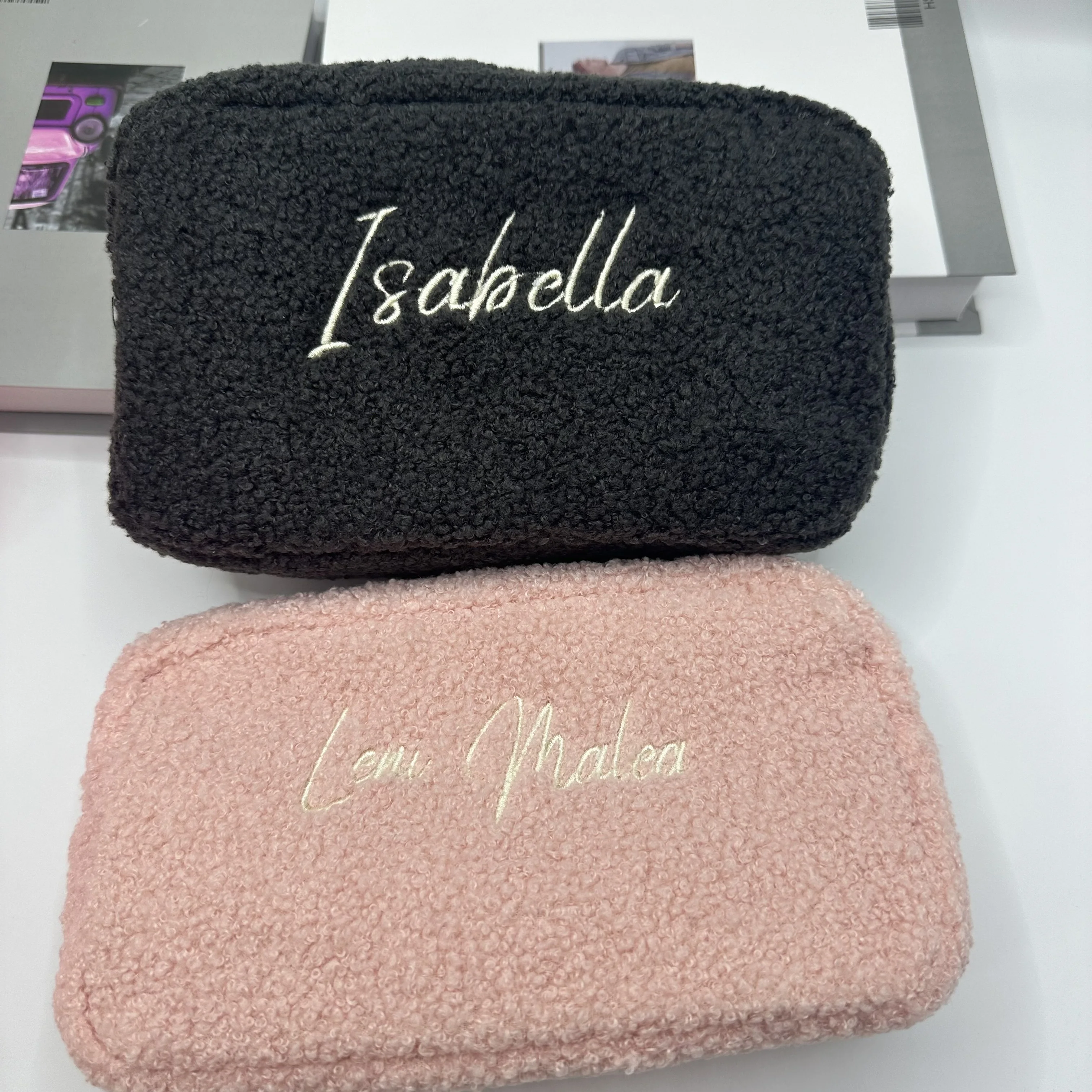 Personalized Embroidered Teddy Fur Pouch Teddy Makeup Bag Custom Name Travel Pouch Toiletry Bag Women Accessories for Women